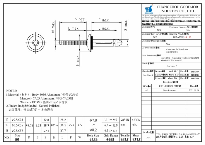 ∅7.5 Aluminum Bulbtite Rivet (Large Flange)