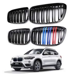 Front bumper ABS piano black grille carbon fiber grille for BMW X1 F48 2017 2019